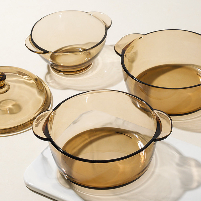 Tea Color Heat Resistant Glass Bowl Home Eating Bowl Transparent Fruit Salad Bowl High Temperature Resistant Microwave Special Double Ear Bowl