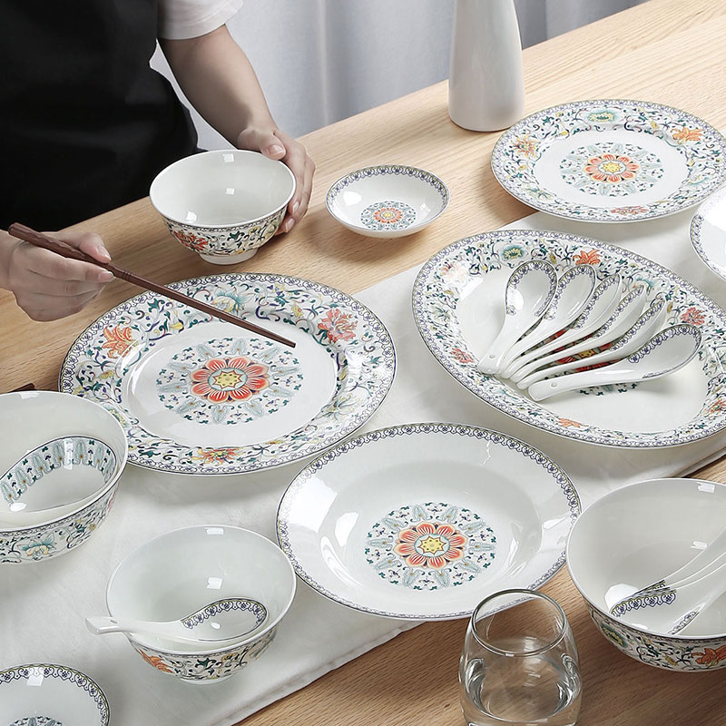 Jingdezhen famille rose bowl dishes suit household glair of new Chinese style ipads porcelain tableware suit new splendid