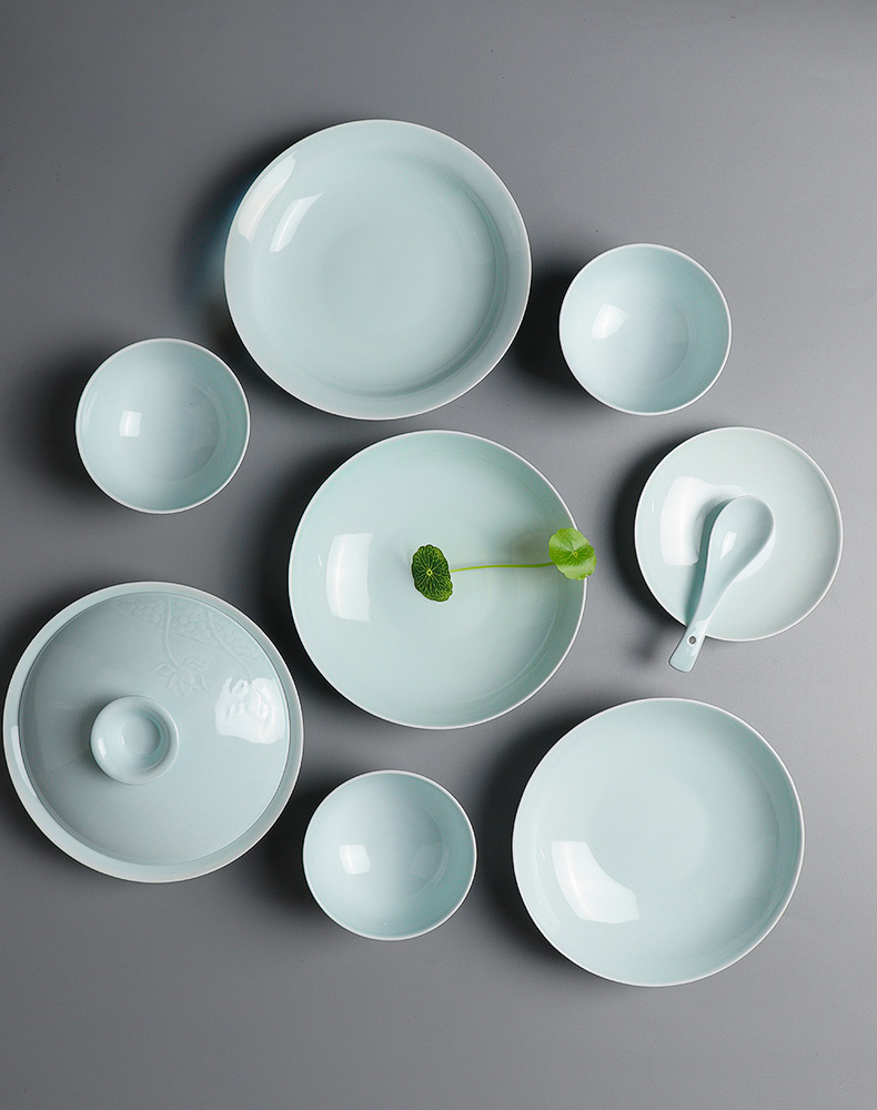 Jingdezhen shadow celadon tableware suit ceramic dishes suit household chopsticks Chinese bowl lotus open BingDi plate