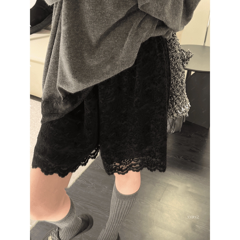 Early Autumn New Black Lace Versatile Personality Shorts ins Korean Style Design Elastic Waist Mid-Length Pants Early Autumn New Black Lace Versatile Personality Shorts ins Korean Style Design Elastic Waist Mid-Length Pants