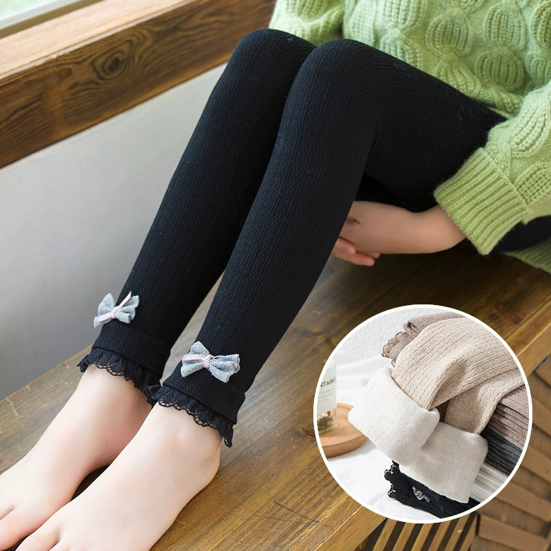 Quần legging cho bé gái cho mùa thu / mùa đông cotton dày vừa của trẻ em trung niên quần dài bên ngoài quần dài dễ thương của trẻ em nơ quần thứ chín - Xà cạp