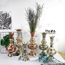 Indian wind import Artisanal Engraving China Red Peacock Pattern Lacquer Color Xuanguan Home Brass Vase Furnishing