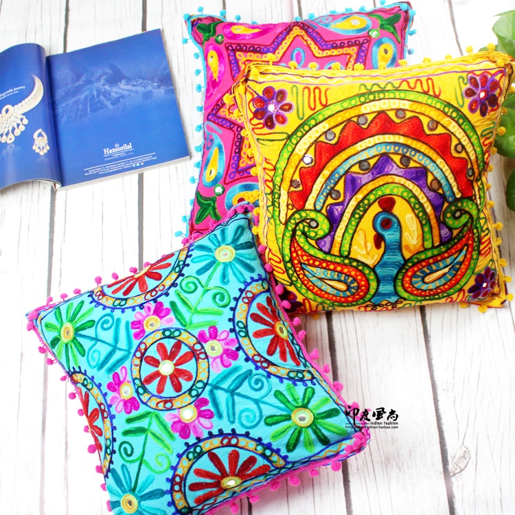 Indian wind import back cushion cover Pillow Cover Sofa Cushion Headboard Leaning Against Waist Pillowcase Cotton Cloth Embroidered Ears National Wind