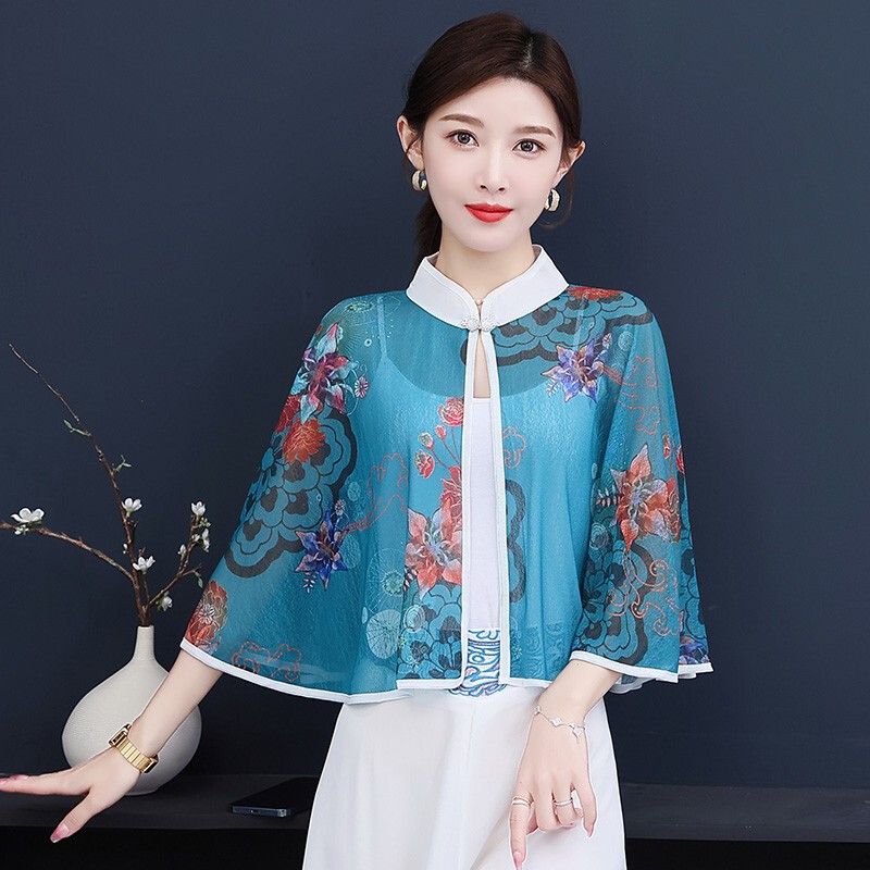 Chiffon Sun Protection Clothing, Summer Thin Style, Women's Cheongsam Outerwear, Fashionable Cardigan, Cape, Mother's Printed Small Cape Jacket
