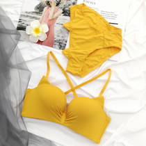 Beautiful back underwear womens cross-belt seamless rimless bra set sexy gathered small bra thick net red shaking sound