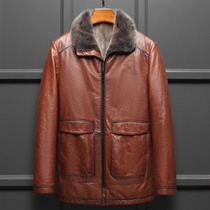  Medium-length Haining leather mens leather head layer cowhide oil wax leather mink liner leather hair integrated mink hair collar