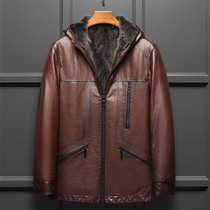 Mink coat men's leather coat oil wax jacket parker suit mink liner long fur one coat