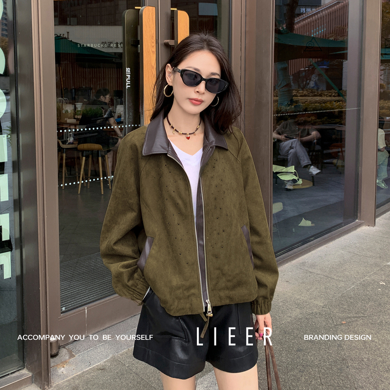Lieer'Chic Lady' Diamond Suede Retro Color-Blocked Lapel Zipper Jacket Lieer'Chic Lady' Diamond Suede Retro Color-Blocked Lapel Zipper Jacket
