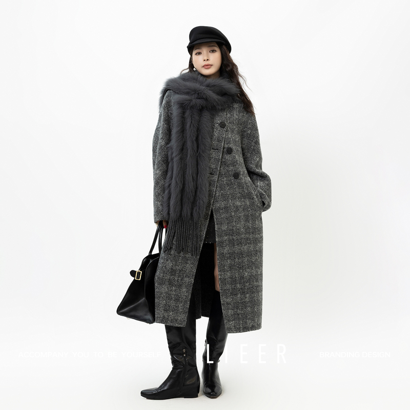 Lieer's Custom-Made Wool Plaid Fox Fur Scarf Coat, Model: "Prague Fox Coat" Lieer's Custom-Made Wool Plaid Fox Fur Scarf Coat, Model: "Prague Fox Coat"