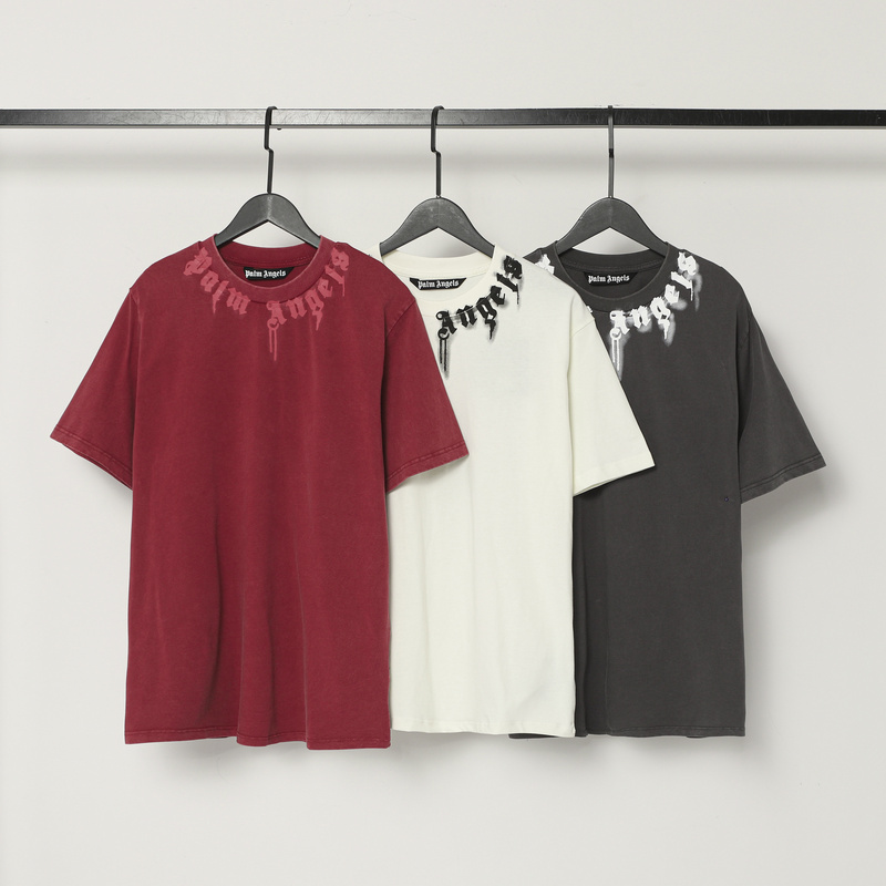 Palm Angels Short-Sleeve T-Shirt with Pa Color-Blocking, Round Neck, Spray-Painted Letter Print, American High Street Casual Style Palm Angels Short-Sleeve T-Shirt with Pa Color-Blocking, Round Neck, Spray-Painted Letter Print, American High Street Casual Style