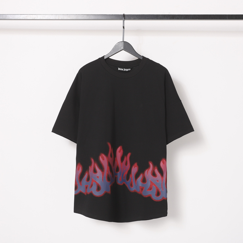 Palm Angels Pa Flame Print Short-Sleeve T-Shirt for Men, Black, Loose Fit, Drop Shoulder, High Street Style, Trendy Palm Angels Pa Flame Print Short-Sleeve T-Shirt for Men, Black, Loose Fit, Drop Shoulder, High Street Style, Trendy