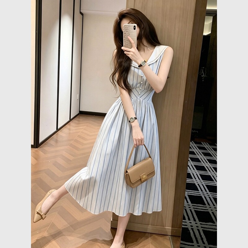 2026 Summer Miu-Style Stunning Rich Girl Waist-Cinching Long Dress for Petite Women, Blue Sailor Collar Striped Dress 2026 Summer Miu-Style Stunning Rich Girl Waist-Cinching Long Dress for Petite Women, Blue Sailor Collar Striped Dress