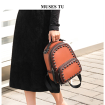 MUSESTU vintage leather backpack bag 2021 New ins top layer cowhide rivet backpack casual versatile women bag