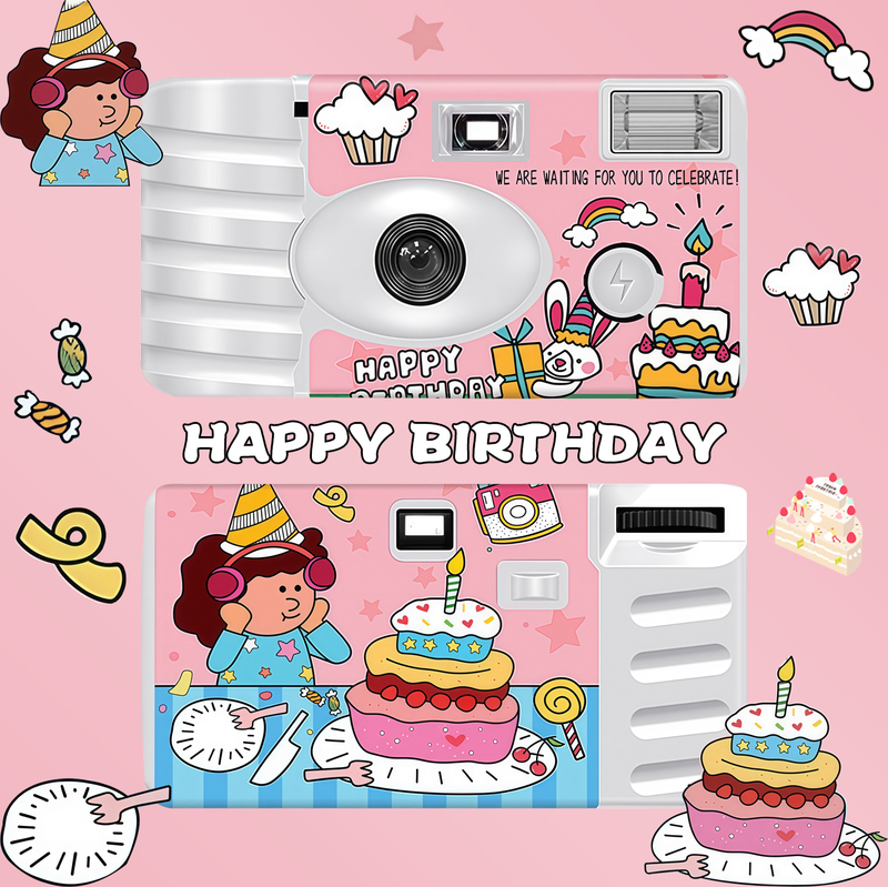 Happy Birthday Illustration Disposable Film Camera Color Point-And-Shoot Camera Student Birthday Graduation Wedding Souvenir