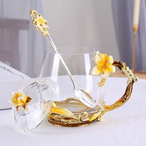 Enamel color water cup Flower tea cup Lily cup Household heat-resistant glass cup tea cup Coffee cup Creative juice cup Female