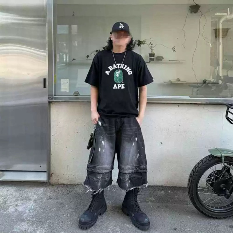 Parisian Style High Street Washed Patchwork Splatter Denim Capri Pants Ripped Faux Two-Piece Cargo Shorts