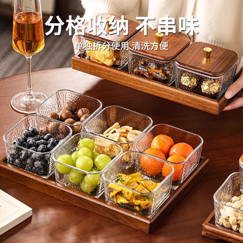 Creative Walnut Wood Fruit Plate Snack Plate Household Divided Fruit Plate Dessert Candy Glass Bowl Fruit Plate Fruit Tray