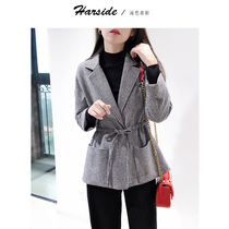 HARSIDE thousand bird grid coat women 2021 early spring new Korean version of ins suit collar waist woolen coat