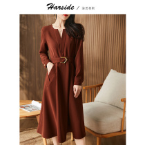 HARSIDE Early spring French style gas texture brief Long dress Children V collar waist display slim 100 hitch red dress