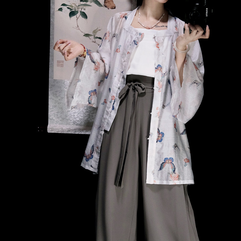 Yu Zige [Banxia] 通勤用宋代風パンツ（飛行機袖、ワイドレッグパンツ、ポケット付き中国風漢服）