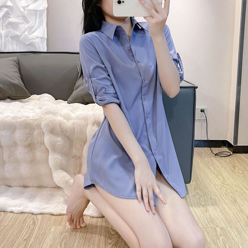 Boyfriend Style Shirt Pajamas Women's Large Size Sexy Mid-Length Long-Sleeved White Shirt Dress Shirt Technician Work Clothes Top