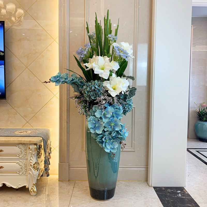 Ceramic large vase floor-to-ceiling simulation flower arrangement living room new Chinese modern luxury European decorative ornaments Jingdezhen