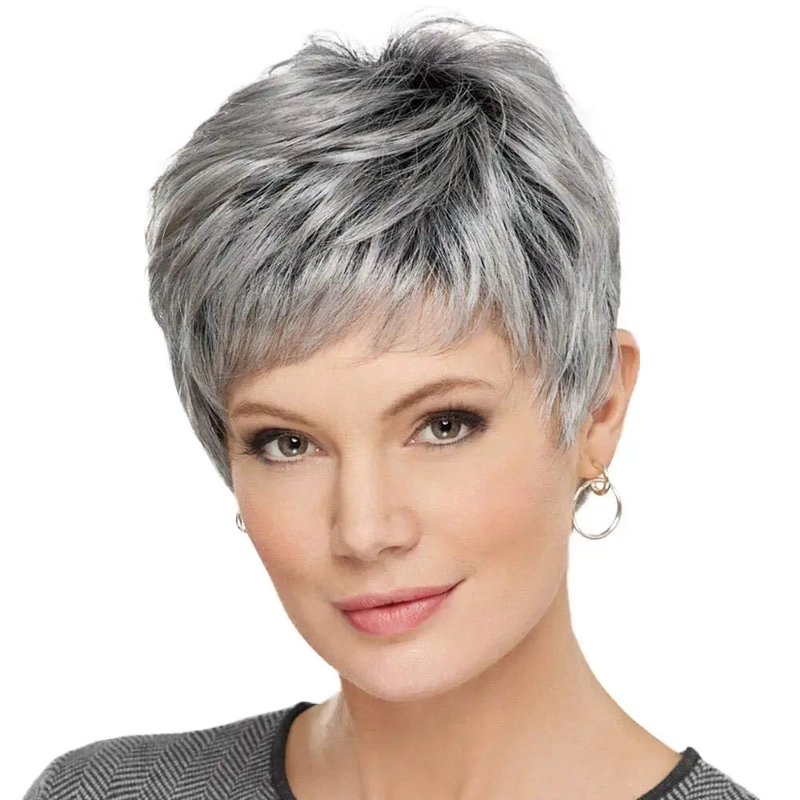 European and American Style Short Silver-Gray Gradient Wig for Women, Amazon's Popular Short Straight Hairpiece for Ladies
