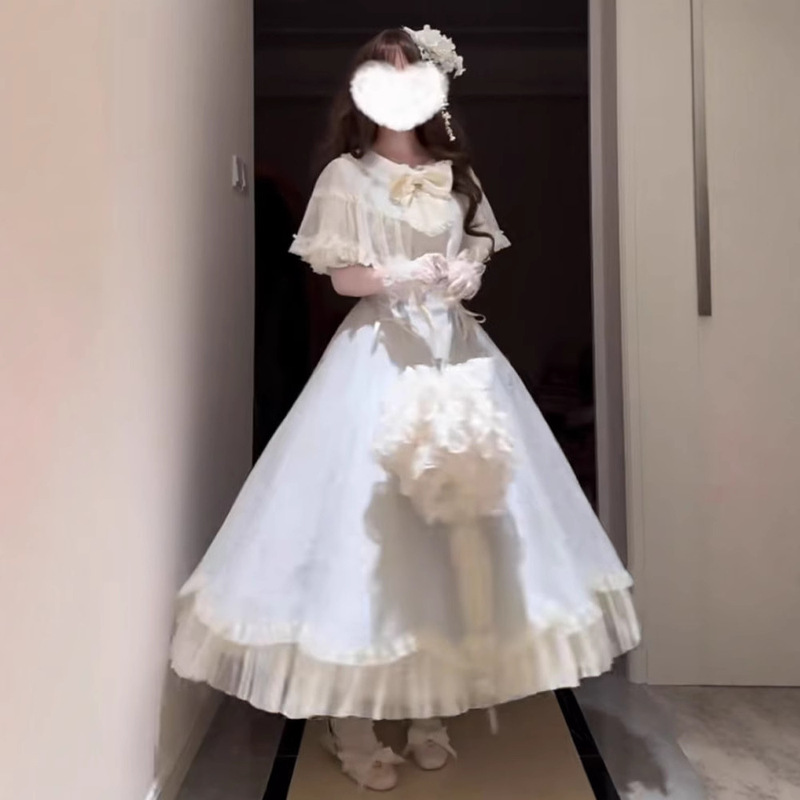 Japanese Style Clear and Simple Outfit, Aqua Wind Chime Lolita, Rich Lady Waist-Cinching Long Dress, Princess Puffy Skirt