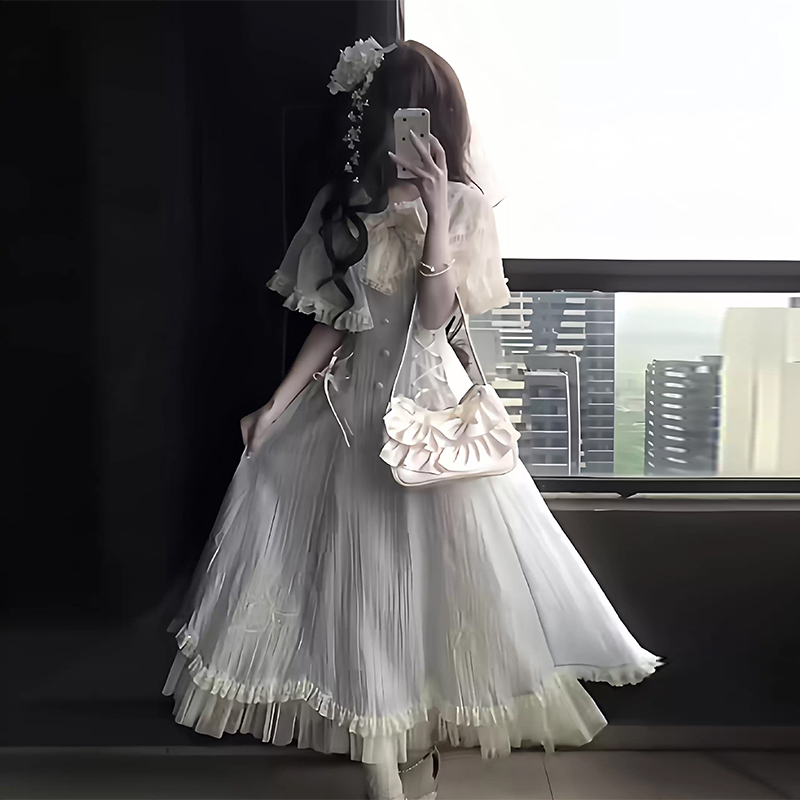 Aqua Wind Chime Japanese Style Clear and Simple Outfit Lolita Rich Lady Waist-Cinching Long Dress Princess Tutu Skirt Aqua Wind Chime Japanese Style Clear and Simple Outfit Lolita Rich Lady Waist-Cinching Long Dress Princess Tutu Skirt