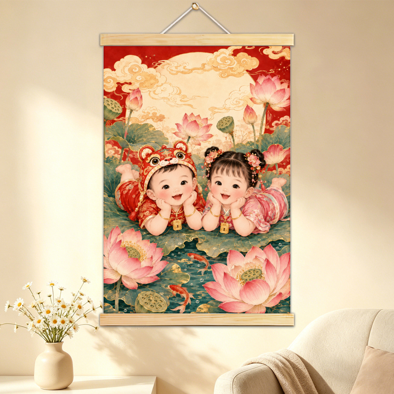 New Chinese-Style Cute Male and Female Twin Baby Hanging Picture Poster, Baby Wishing Poster, Pregnancy Preparation Poster, Dragon and Phoenix Twin Bedroom Wall Sticker