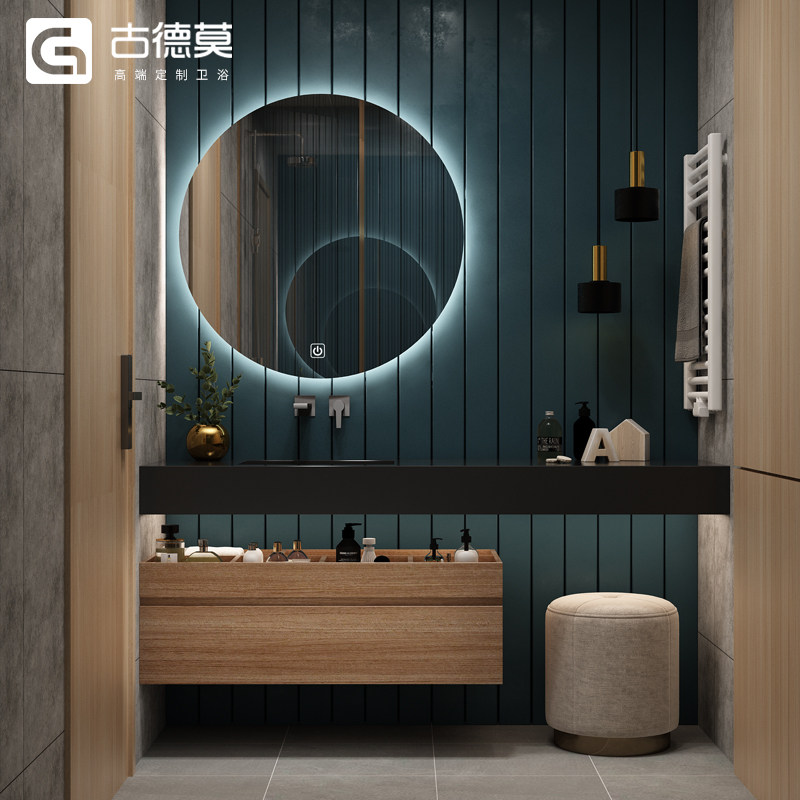 (Designer custom) Modern washstand and stone slab integrated bathroom cabinet combination solid wood hand wash basin light luxury