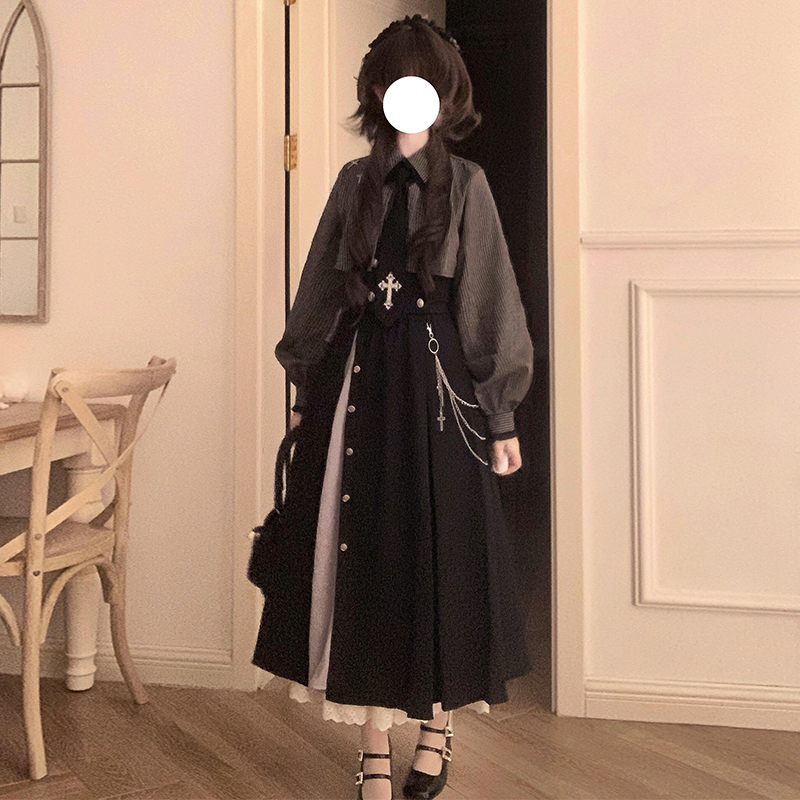 Dark Gothic Style Lolita Retro Long-Sleeved Striped Shirt High-Waisted Skirt Waist Cincher Slimming Set