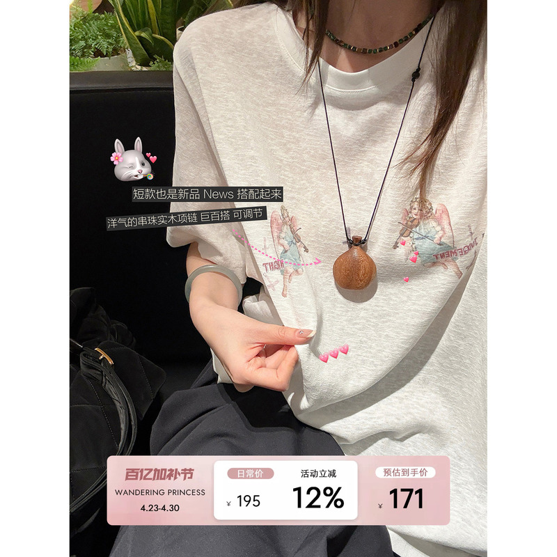 Qian Meixi Air Cotton Sun Protection Top Summer Original Angel Print Design Round Neck Long/Short Sleeve T-Shirt for Women