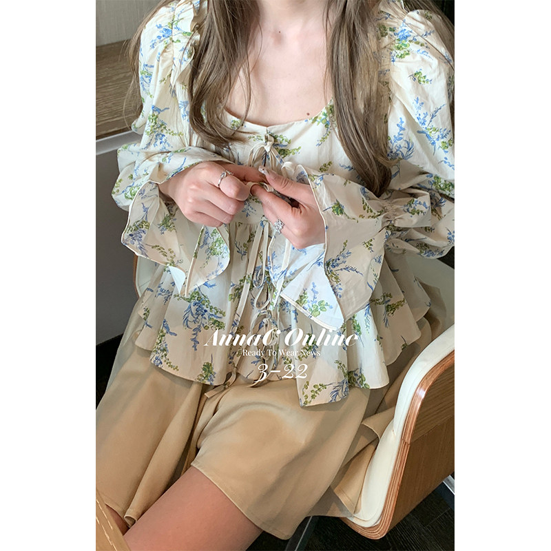 Qian Meixi ◆ French retro floral shirt women's Korean version high-end design sense niche court square collar shirt spring new