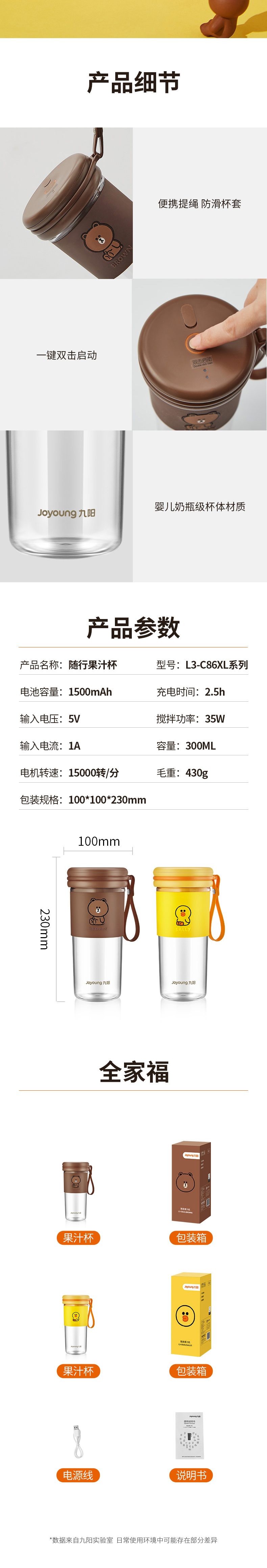 九阳 LINE联名款 多功能迷你榨汁杯 300ml 满电可榨10杯 图5