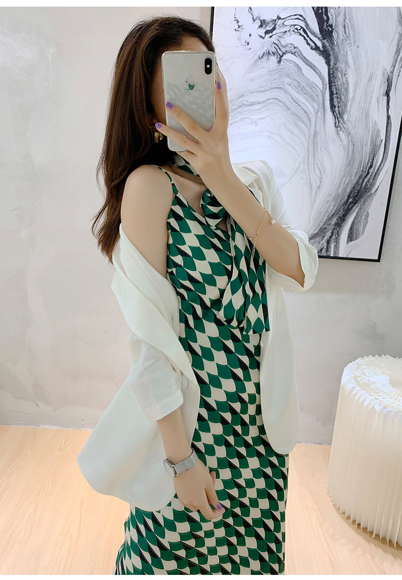 sandro sfpro2021 summer green printed long version harness foreign dress high-end white small suit suit woman