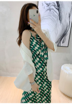 sandro sfpro2021 summer green printed long suspender dress high-end white small suit suit for women