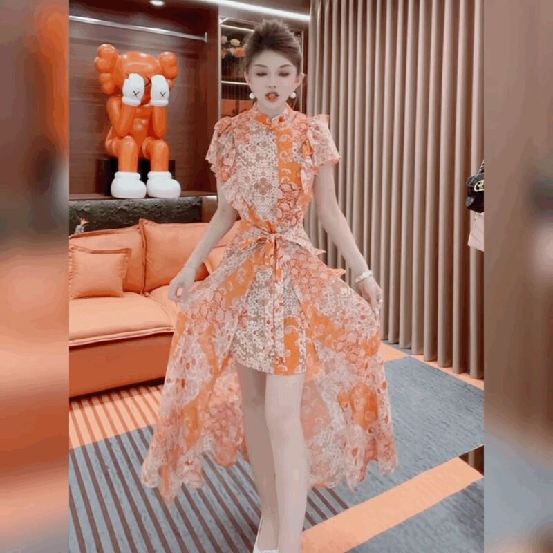 Ruffled One-Piece Lace-Up Dress Set, Stylish French Chiffon Floral Button-Up Retro Stand-Up Collar Dress