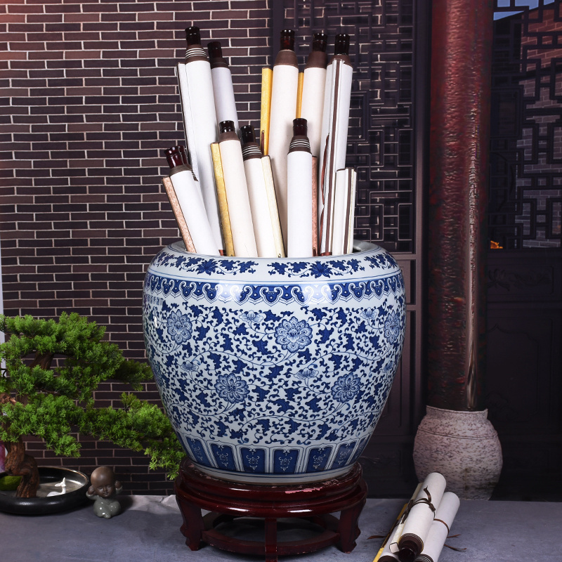 Jingdezhen Ceramic Calligraphy and Painting Jar, Large Blue and White Porcelain Scroll Jar, Arrow Tube, Calligraphy and Painting, Flute and Flute Storage, Living Room and Study Room Decoration