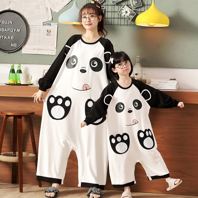 Children's sleepwear spring autumn season pure cotton long sleeves parent-child sleeping dress with big child anti-kick home clothes