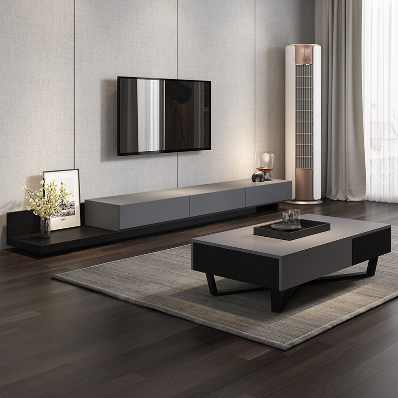 Nordic TV cabinet Tea Table Combo Black Grey retractable TV enclosure Modern minimalist Living room Small family type lockers
