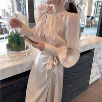 Retro port flavor lantern sleeve round neck shirt high waist thin design sense split skirt two-piece set new