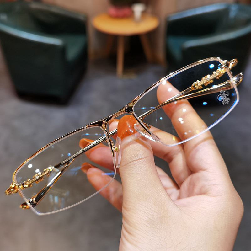Jiandanluo Heart-Shaped Eyeglass Frames for Men, Business Half-Frame, Simple Korean Style Trendy Large Frame Myopia Glasses Frame for Women, Anti-Blue Light