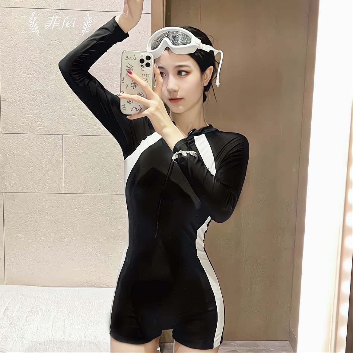 Swimsuit women's hot spring ins wind suit conservative jumpsuit slimming cover belly sports long-sleeved diving suit swimming pool