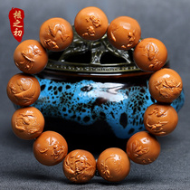 Olive stone carved lotus pond moonlight bracelet hand-carved perfect round light beads bas-relief carp playing lotus bracelet for men