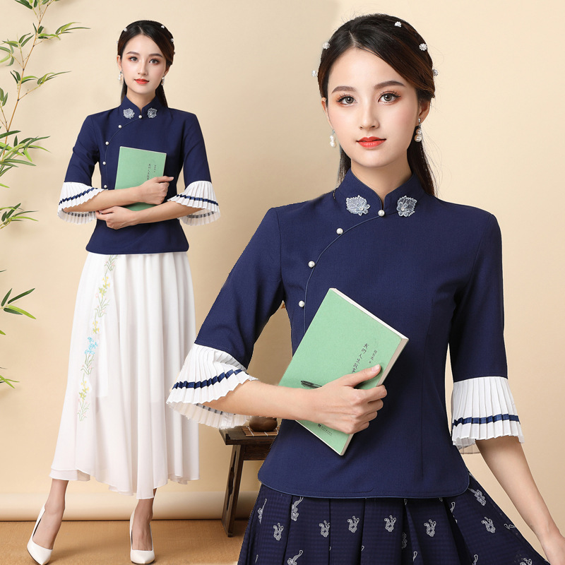 Republic of China wind solid color bamboo cotton cheongsam jacket embroidered 2020 spring and autumn new seven-point sleeve slim retro Chinese style