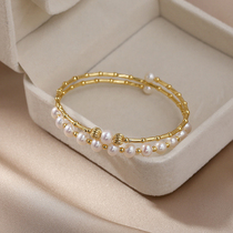 Freshwater pearl bracelet elastic niche design handmade 14K gold gold Non-fading multi-layer open bracelet for mother