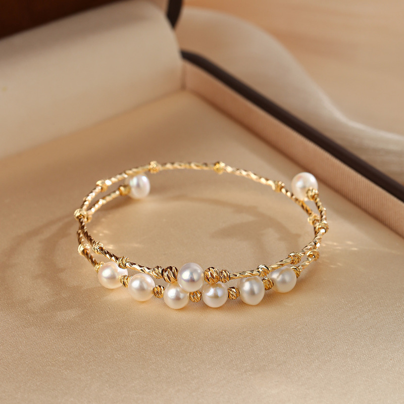 Mr. He's Double-Layered Natural Pearl Bracelet for Women, Niche Design, Gold Bracelet with a High-End Feel, Open-Ended Bangle Jewelry Mr. He's Double-Layered Natural Pearl Bracelet for Women, Niche Design, Gold Bracelet with a High-End Feel, Open-Ended Bangle Jewelry