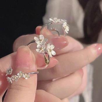 Ring ins Student Blossoming Flower Adjustable Open Ring Simple Three-Dimensional Flower Niche Design Index Finger Ring~