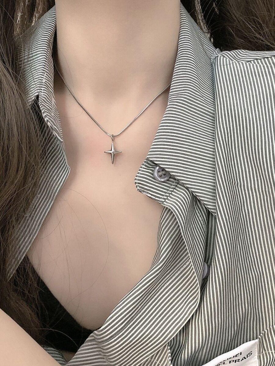 Minimalist Starburst Series Cross Titanium Steel Necklace Unisex Trendy Niche Design High-End Internet Celebrity Clavicle Chain